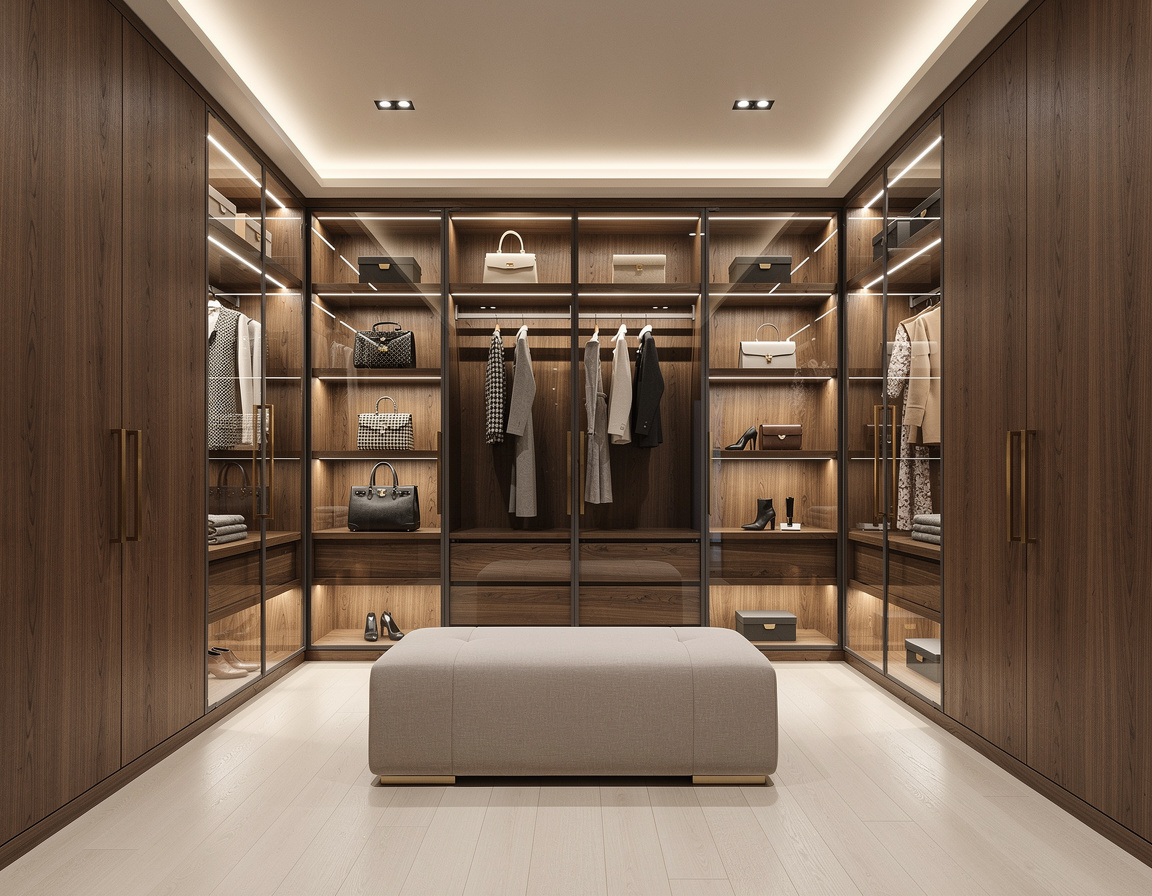 Closet planejado com módulos em madeira e iluminação