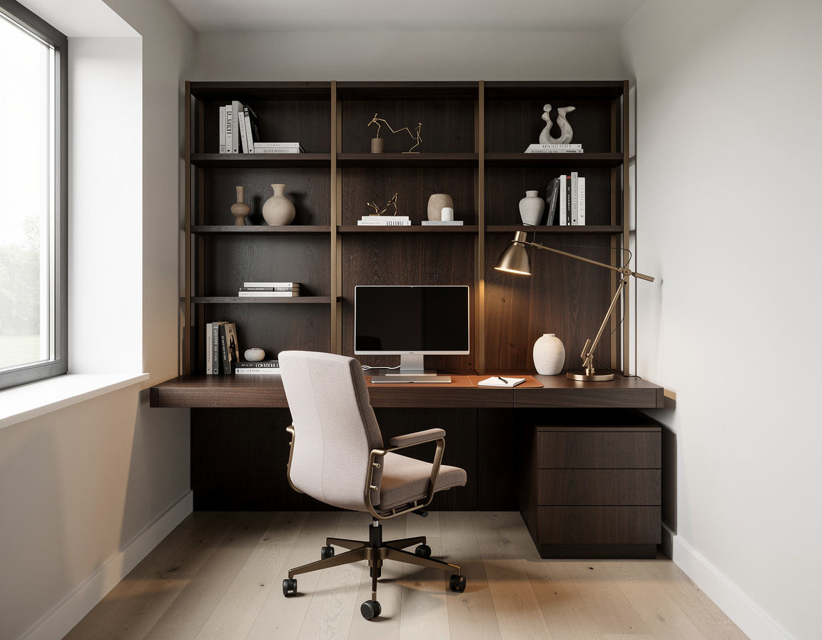 Home office planejado com mesa e estante sob medida