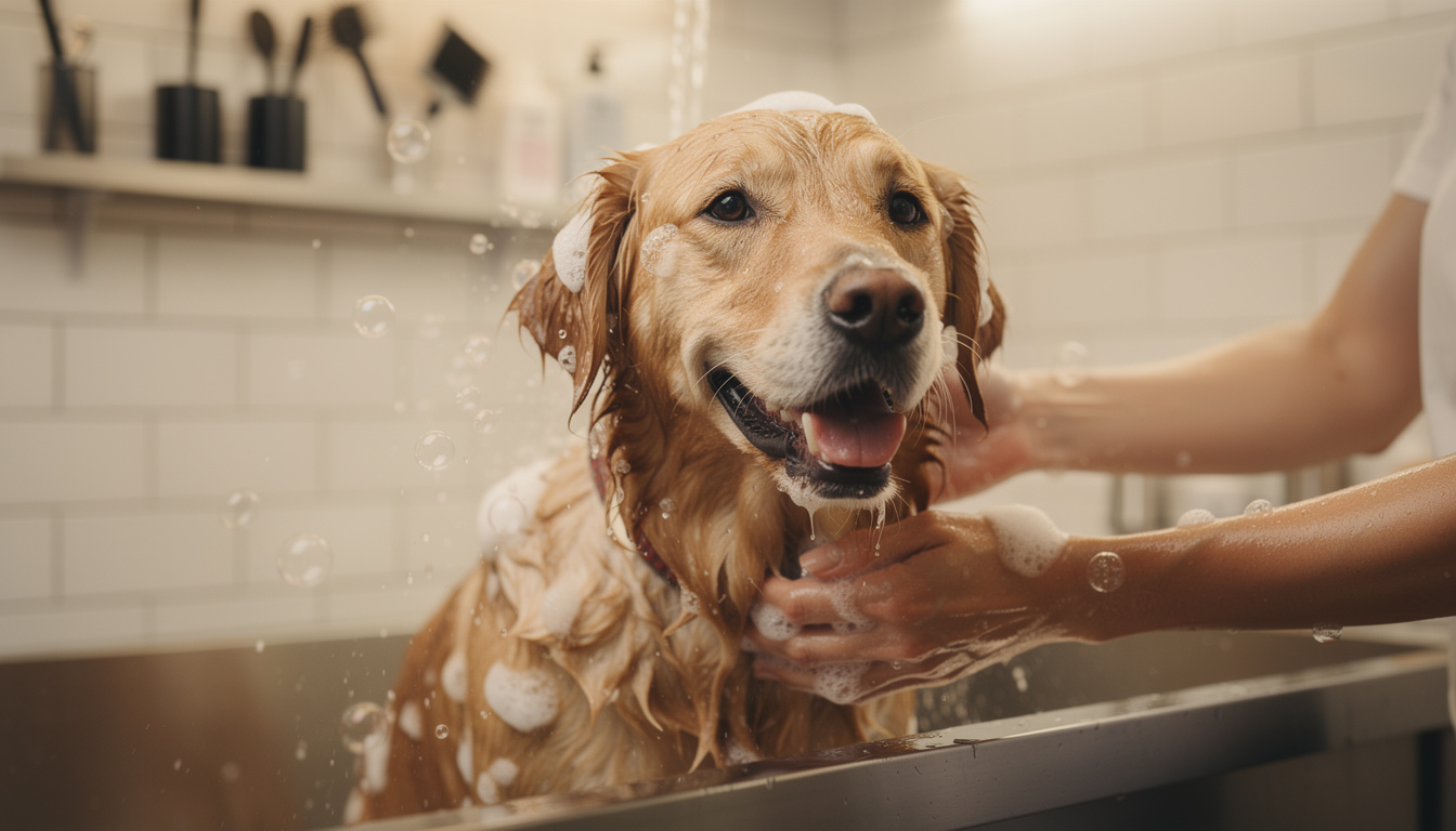Golden Retriever tomando banho em pet shop